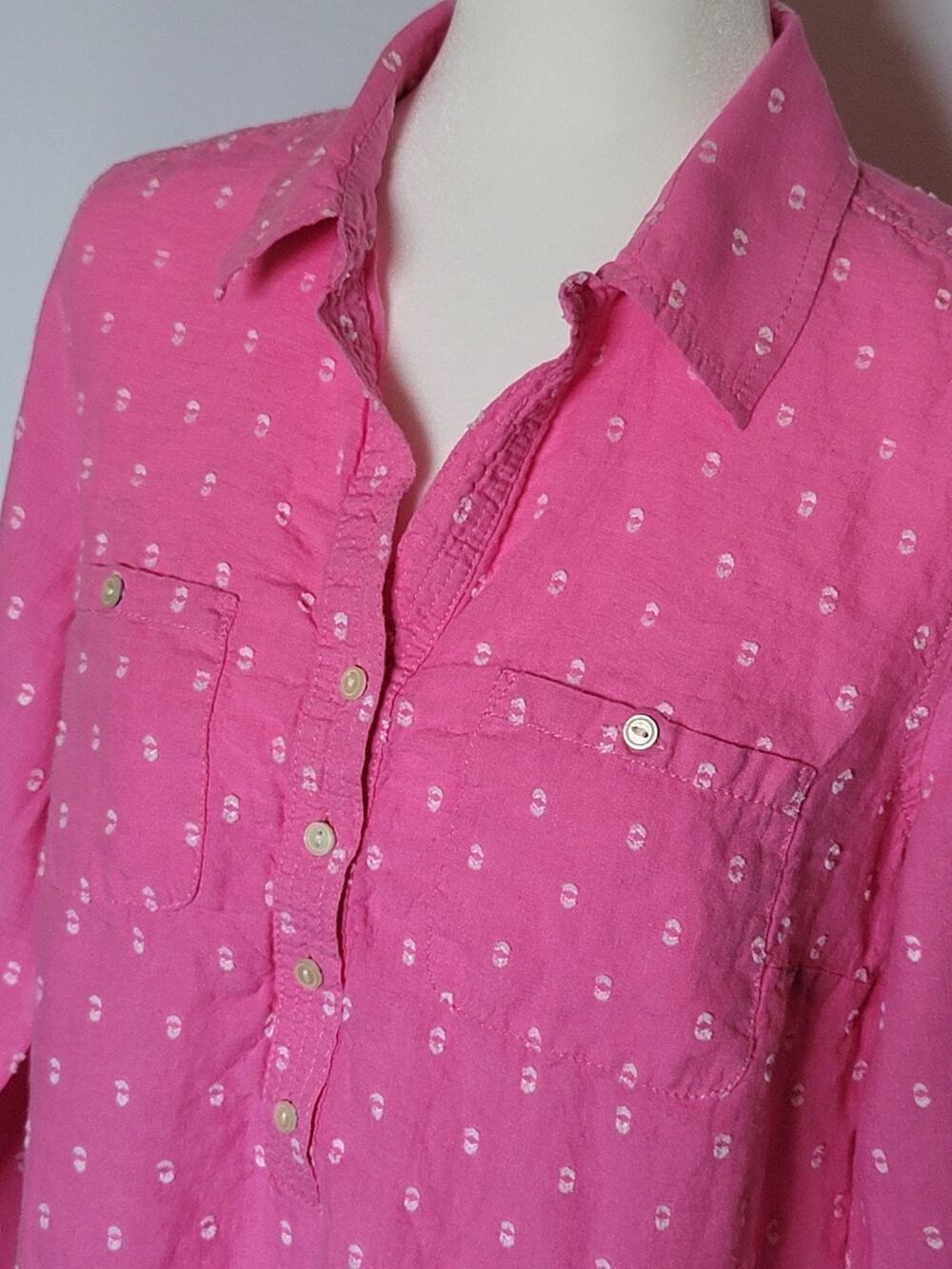 TALBOTS Linen Blend Hot Pink w/Polka Dot Quarter-Button Long Sleeve Shirt Size M